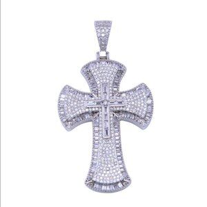 Sterling Silver 925 Rhodium Plated CZ Double Cross Pendant